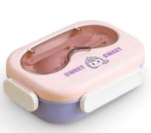 4 Compartment Cartoon Stainless Steel Double Lock Kids Lunch Box |2 Containers Lunch Box | 1100 ml | Purple and Pink